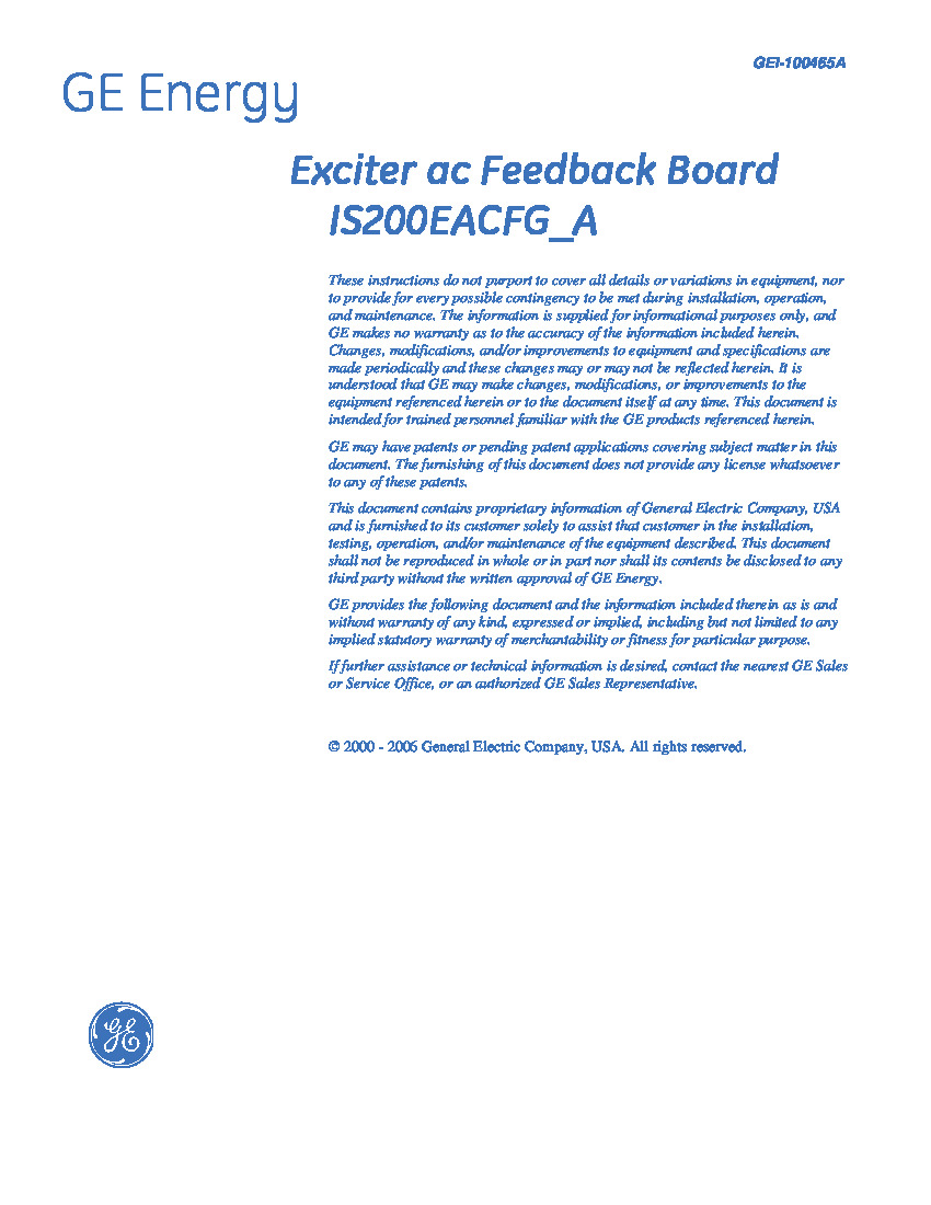 First Page Image of IS200EACFG2BAA Exciter AC Feedback Board Instruction Manual GEI-100465A.pdf